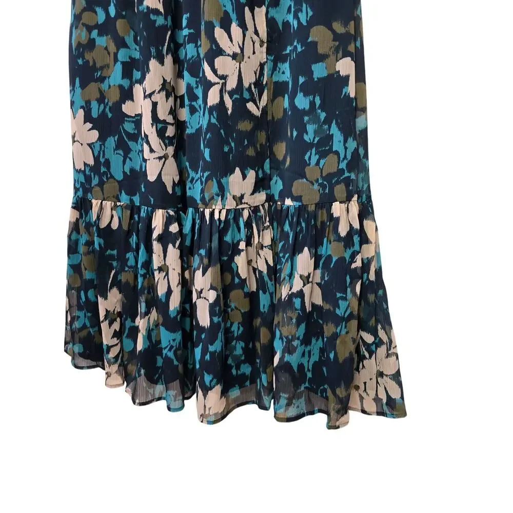 NWT LOFT Beige/Teal Floral Ruffle with Shoulder-Ties Dress - Picture 4 of 9